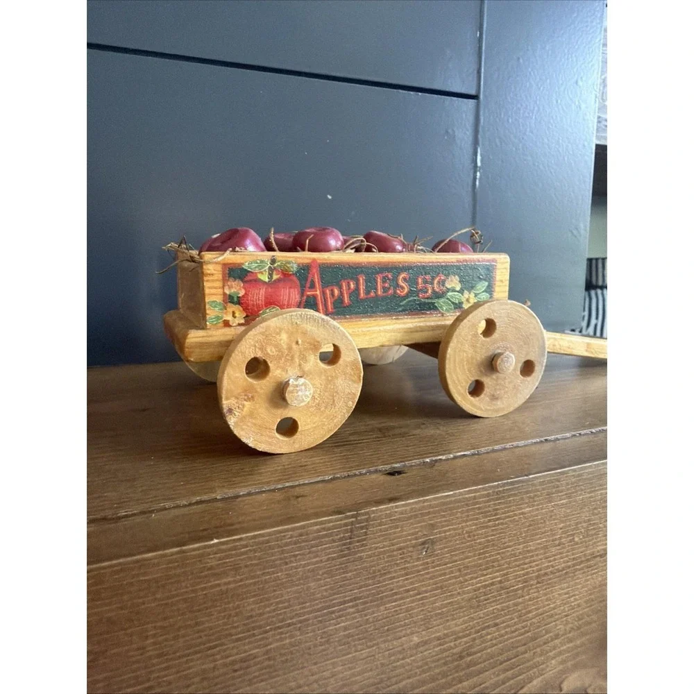 1980s Wooden Apple Wagon Cart Apples 5¢ Farmhouse Kitchen Decor Mini